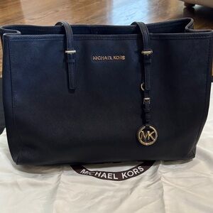 Michael Kors Black Leather Quinn Tote with Gold Accents